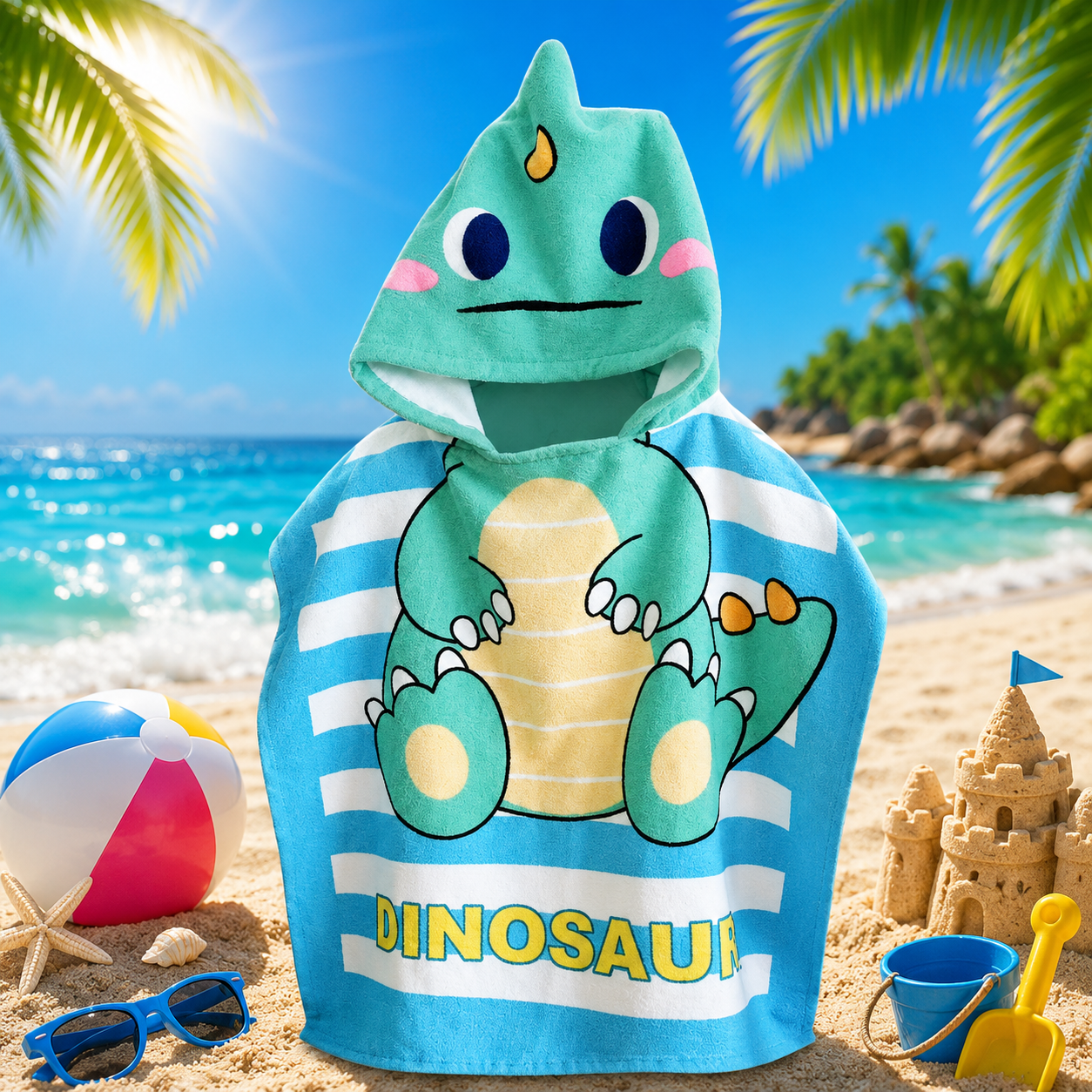 A hooded beach towel or poncho featuring a cute turquoise dinosaur character on a blue-and-white striped background, with the word "DINOSAUR" printed at the bottom